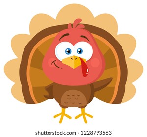 Cute Turkey Bird Cartoon Character Waving. Vector Illustration Flat Design Isolated On White Background
