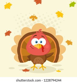 Cute Turkey Bird Cartoon Character Waving. Vector Illustration Flat Design With Background