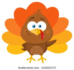 Cute Turkey Bird Cartoon Character Waving. Vector Illustration Flat Design Isolated On White Background