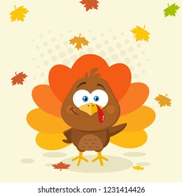 Cute Turkey Vogelcharakter Flügel. Vektorgrafik-Flachdesign mit Hintergrund und Text