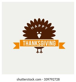 Cute Turkey Bird and colorful maple leafs. Beautiful Happy Thanksgiving Day Typographic Poster Design template. Ribbon badge. Thank you greeting card template. 