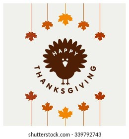 Cute Turkey Bird and colorful maple leafs. Beautiful Happy Thanksgiving Day Typographic Poster Design template. Thank you greeting card template. 