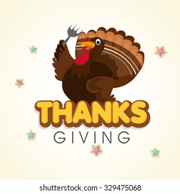 Cute Turkey Bird holding fork on stars decorated shiny background for Happy Thanksgiving Day celebration.