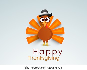 Cute turkey bird in pilgrim hat on grey background for Happy Thanksgiving Day celebrations. 