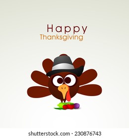 Cute turkey bird in pilgrim hat on grey background for Happy Thanksgiving Day celebrations. 