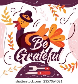 Cute turkey bird with pilgrim hat and leaves Happy thanksgivingposter Vector