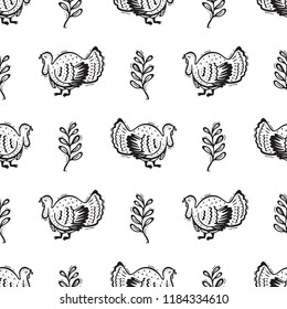 Cute Turkey birds with Autumn Leaves Seamless Pattern. Hand Drawn Doodle Turkey Bird and leaf. Thanksgiving Day Vector Background