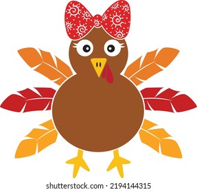 Cute Turkey With Bow, Happy Fall, Thanksgiving Day, Happy Harvest, Vector Illustration File