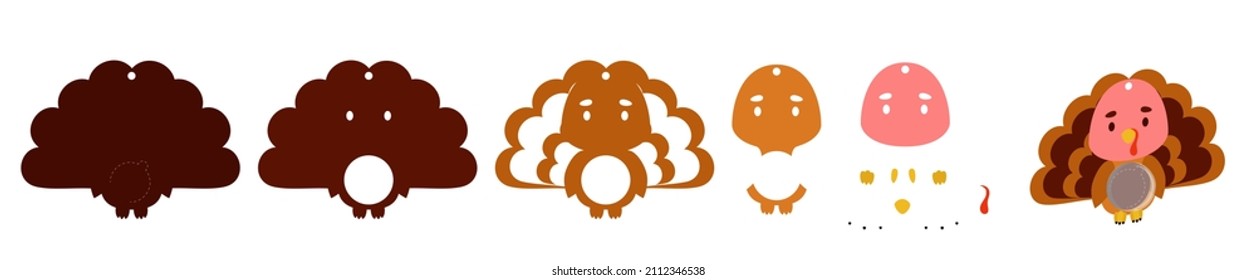 Cute turkey candy ornament. Layered paper decoration treat holder for dome. Hanger for sweets, candy for birthday, baby shower, halloween, christmas. Print, cut out, glue. Vector stock illustration