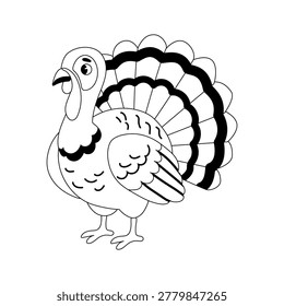 Cute turkey cartoon bird line art for kids coloring book