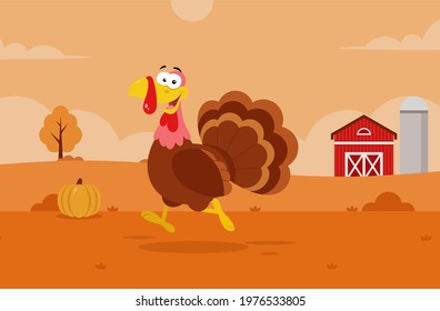 Cute Turkey Cartoon Character Running. Vector Flat Design Illustration With Farm Background