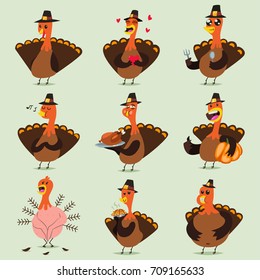 Cute turkey cartoon character set. Vector icons of birds symbol holiday of Thanksgiving Day.