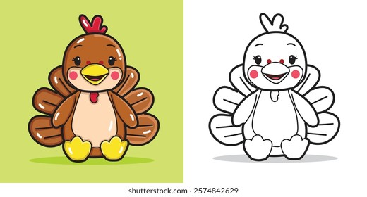 A cute Turkey cartoon illustration for a sticker, design element, or coloring book element