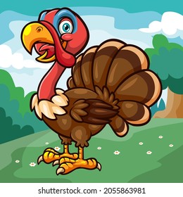 A cute Turkey cartoon isolated on wonderful farm. Vector illustration