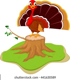 cute turkey cartoon on tree stump