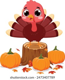 Cute turkey cartoon with orange pumpkin and leaf  isolated on white 