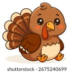 Cute turkey cartoon vector illustration. Funny Thanksgiving bird with colorful feathers and happy face. Perfect for holiday cards, children’s projects, farm themes, posters, and festive designs.