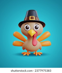 Representación 3d del carácter de Turquía mate. 3d ilustración vectorial de dibujos animados. Un pavo pequeño con sombrero de peregrino