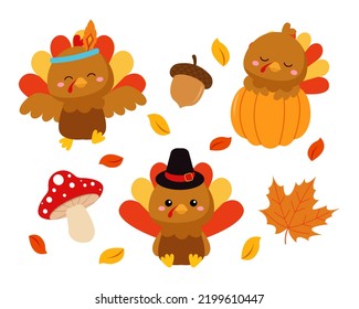 Cute turkey character for thanksgiving day set. Flat vector cartoon design