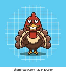 Cute turkey character wearing glasses with thumbs up vector illustration