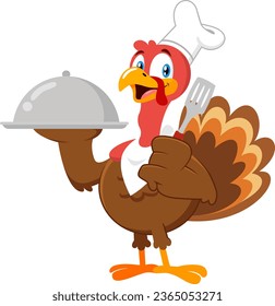 Cute Turkey Chef Cartoon Character Serving Food In A Sliver Platter. Vector Illustration Flat Design Isolated On Transparent Background