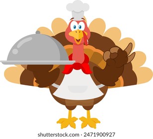 Cute Turkey Chef Cartoon Character Serving Food In A Sliver Platter. Vector Illustration Flat Design Isolated On Transparent Background