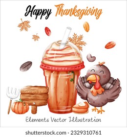 Cute Turkey and Coffee Pumpkin and Pie , shovel , Leaves Maple For Thanksgiving Fall Autumn Elements Watercolor Vector File ,Clipart cartoon style For banner, poster, card, t shirt, sticker

