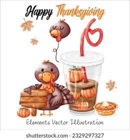 Cute Turkey and Coffee Pumpkin and Sign Wood ,Balloons Face Turkey ,Pie , Leaves Maple Thanksgiving Fall Autumn Elements Watercolor Vector File ,Clipart cartoon style For banner, poster, card, Sticker