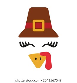 Cute turkey face with Thanksgiving hat design for autumn holidays. Isolated vector illustration in flat style