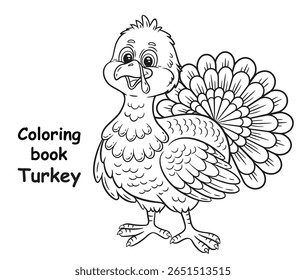 Personagem animal bonito do peru da fazenda do pássaro, página do livro de colorir crianças. Símbolo de feriado de Dia de Ação de Graças. Engraçado de aves domésticas de penas. Jogo de educação infantil. Planilha de pintura de cores de contorno. Vetor