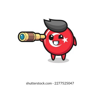 cute turkey flag badge character is holding an old telescope , cute style design for t shirt, sticker, logo element
