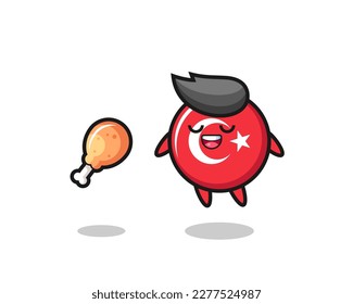 cute turkey flag badge floating and tempted because of fried chicken , cute style design for t shirt, sticker, logo element