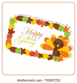 Cute turkey girl and maples leaves frame vector cartoon illustration for thanksgiving's day card design, wallpaper and greeting card 