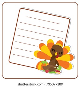 Cute turkey girl, pumpkin, roasted turkey and apple pie frame vector cartoon illustration for thanksgiving's day card design, wallpaper and greeting card 