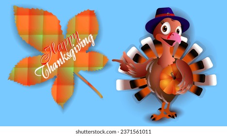 Cute turkey with hat and leaves. Happy Thanksgiving.
Greeting card design template banner, poster, etc.