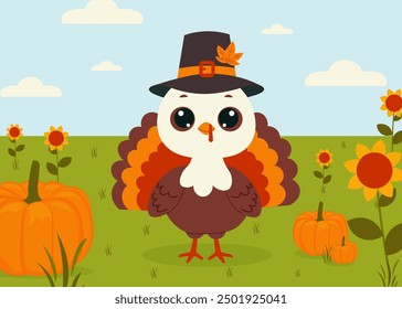 A cute turkey in hat on autumn scene with pumpkins and sunflowers. Happy Thanksgiving Day. Vector banner.