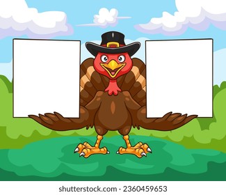 Cute turkey holding blank sign