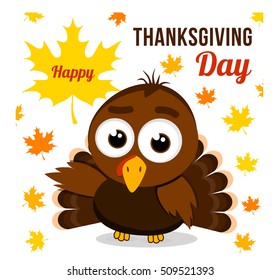 Cute turkey holding a maple leaf and wishes you a Happy Thanksgiving day