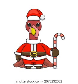 cute turkey mascot, holding candy cane, wearing santa claus costume, cartoon animal character with sparkling eyes, front view. kawaii styles, flats, for kids and adults, for stickers. 