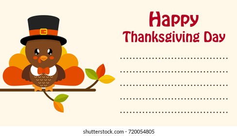 cute turkey  on a branch thanksgiving day card vector