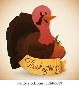 Cute turkey with pumpkin and golden thanksgiving ribbon.