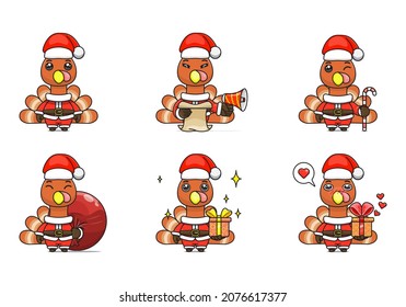 cute turkey set, animal character bundles in santa costumes, animals wearing christmas costumes. cartoon in kawaii style, chibi mascot. very suitable for Christmas content. for adult or child