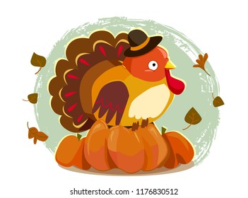 Cute turkey sits on pumpkin cartoon vector illustration