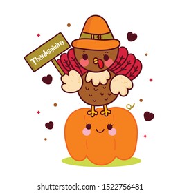 Cute Turkey thanksgiving cartoon with pumpkin (Illustration), Kawaii animal vector, series: happy Celebration autumn winter festival doodle art, Perfect for invitations, children books,fashion,banner.