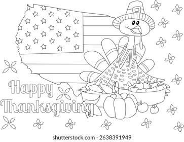Cute Turkey Thanksgiving Coloring Page with USA Map, Black and white outline illustration for coloring featuring a happy turkey wearing a pilgrim hat, surrounded by Thanksgiving harvest symbols like