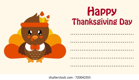 cute turkey thanksgiving day card vector