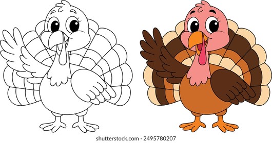 Cute turkey waving hand outline coloring page. Thanksgiving hand drawn colouring 
