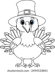 Cute turkey wearing a pilgrim hat outline coloring page