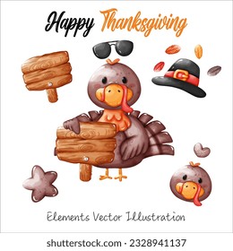 Cute Turkey wooden Sign and Face glasses hat feather Thanksgiving Fall Autumn Balloon Heart and Star Elements Watercolor Vector File ,Clipart cartoon style For banner, poster, card, t shirt, sticker