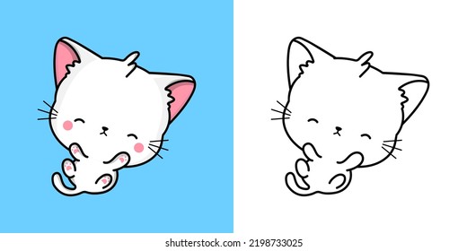 Cute Turkish Angora Cat Clipart for Coloring Page and Illustration. Happy Clip Art Kitten. Vector Illustration of a Kawaii Animal for Stickers, Prints for Clothes, Baby Shower, Coloring Pages.
